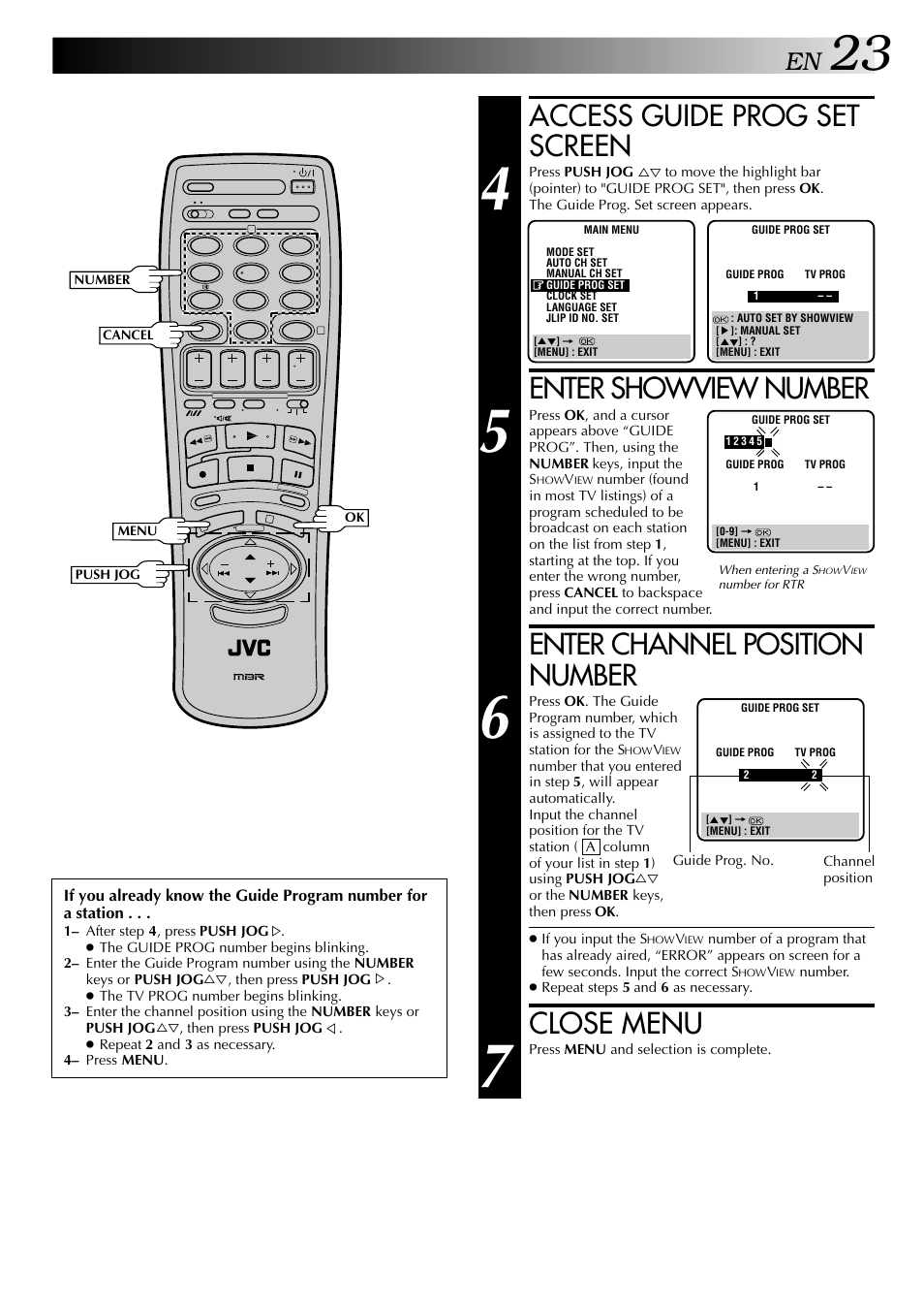 Access guide prog set screen, Enter showview number, Enter channel position number | Close menu | JVC HR-DD949EE User Manual | Page 23 / 52