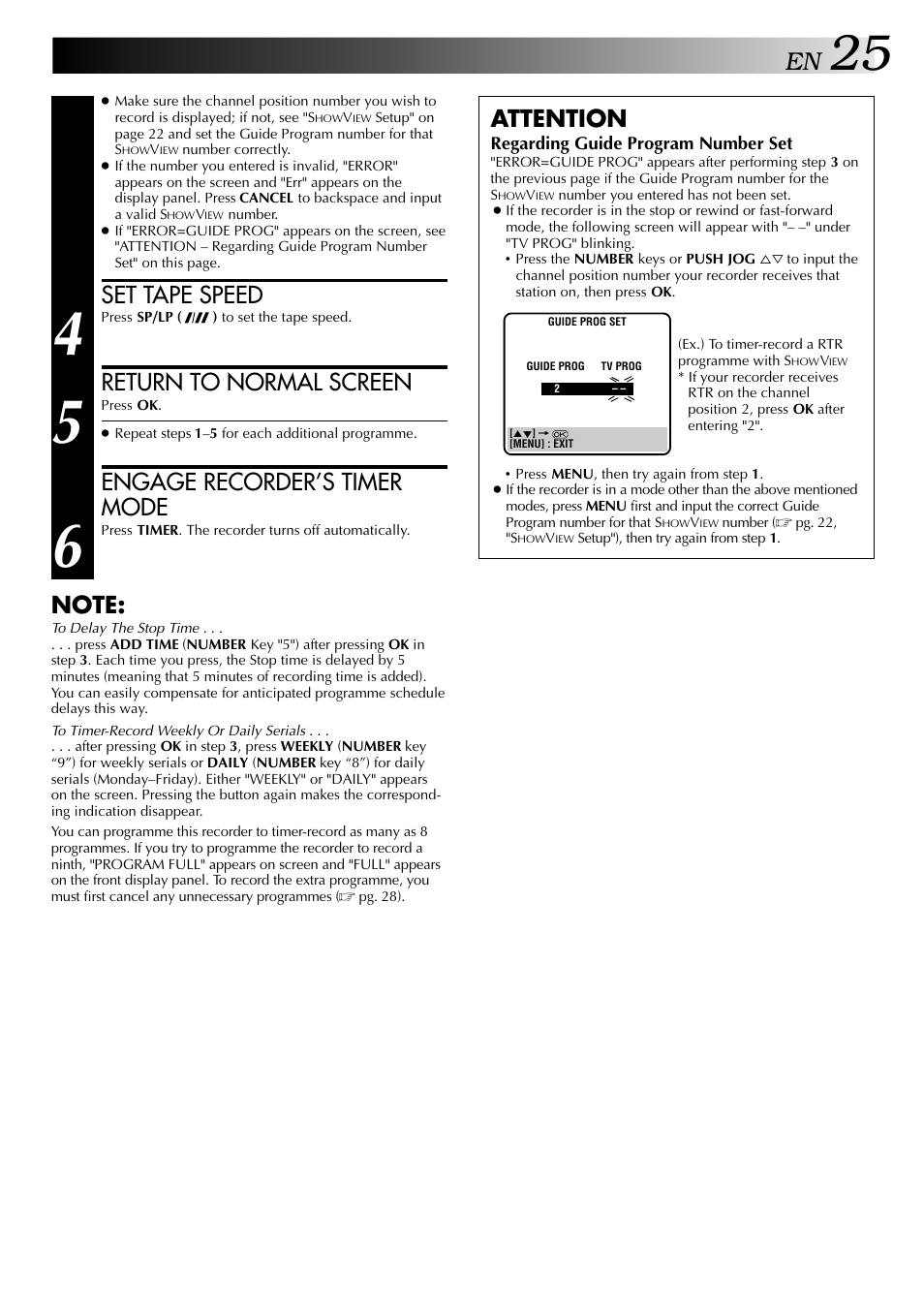 Set tape speed, Return to normal screen, Engage recorder’s timer mode | Attention | JVC HR-DD949EE User Manual | Page 25 / 52