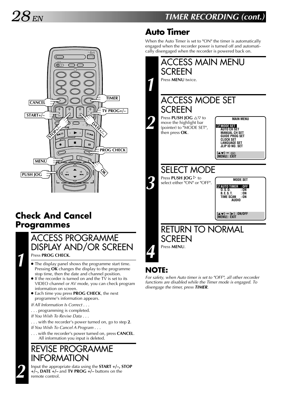 Access main menu screen, Access mode set screen, Select mode | Return to normal screen, Access programme display and/or screen, Revise programme information, Timer recording (cont.), Auto timer, Check and cancel programmes | JVC HR-DD949EE User Manual | Page 28 / 52