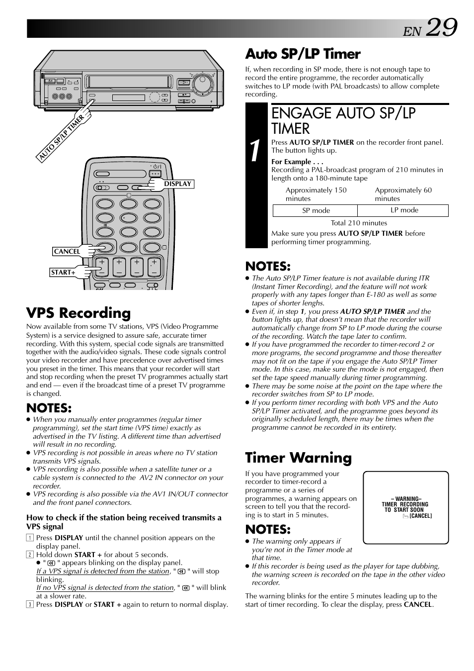 Engage auto sp/lp timer, Auto sp/lp timer, Vps recording | Timer warning | JVC HR-DD949EE User Manual | Page 29 / 52