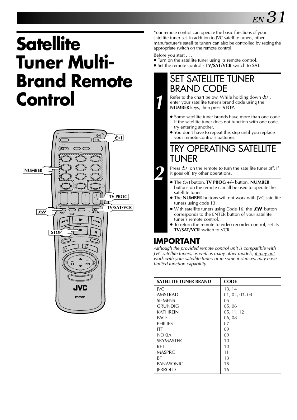 Satellite tuner multi- brand remote control, Set satellite tuner brand code, Try operating satellite tuner | Important | JVC HR-DD949EE User Manual | Page 31 / 52