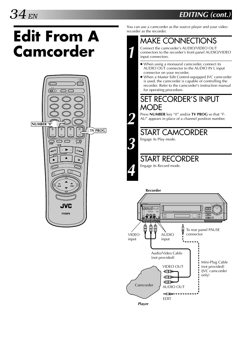 Edit from a camcorder, Make connections, Set recorder’s input mode | Start camcorder, Start recorder, Editing (cont.) | JVC HR-DD949EE User Manual | Page 34 / 52