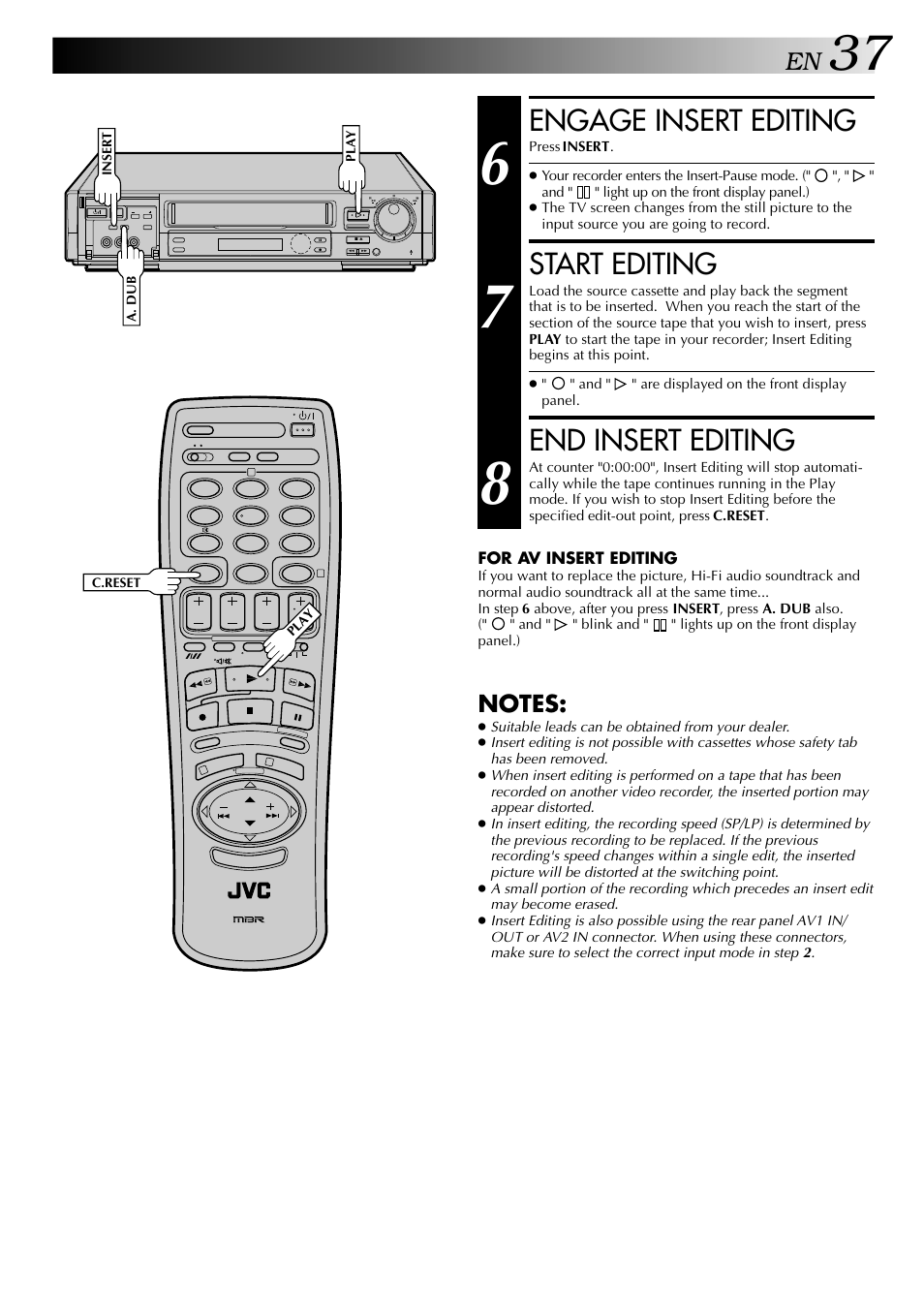 Engage insert editing, Start editing, End insert editing | JVC HR-DD949EE User Manual | Page 37 / 52