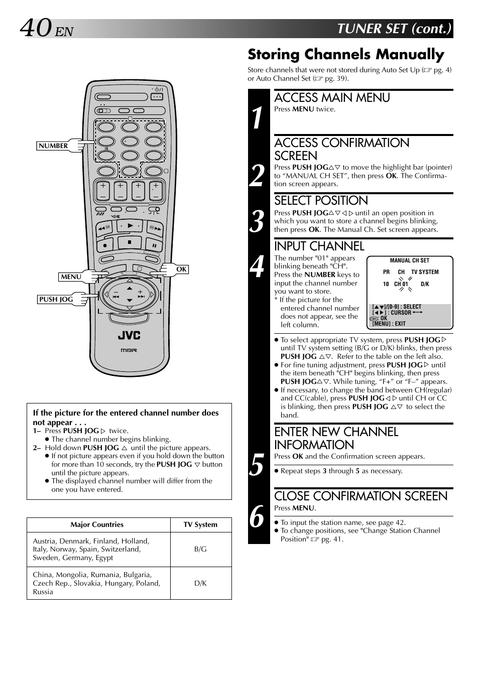 Tuner set (cont.), Storing channels manually, Access main menu | Access confirmation screen, Select position, Input channel, Enter new channel information, Close confirmation screen | JVC HR-DD949EE User Manual | Page 40 / 52