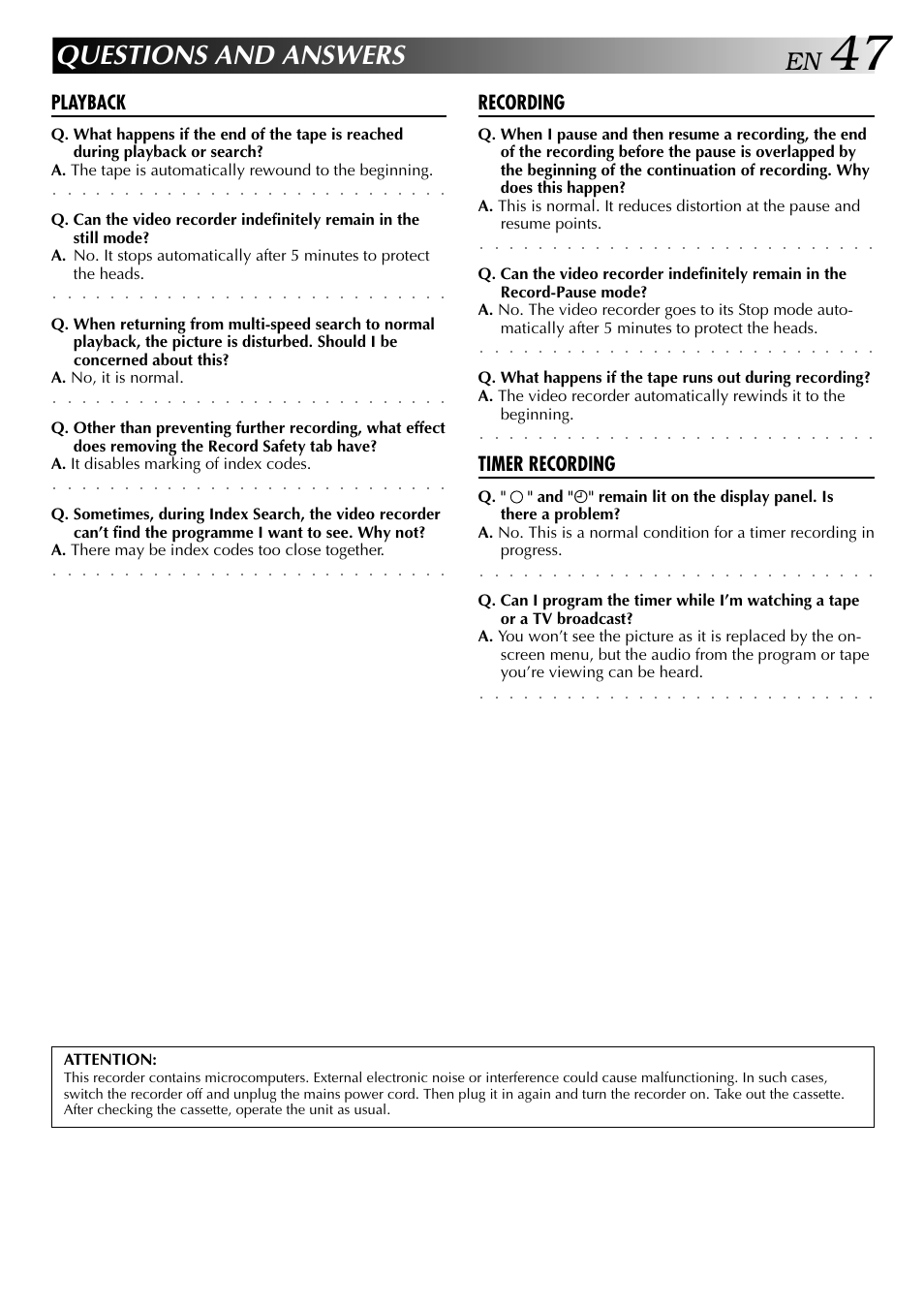 Questions and answers, Playback, Recording | Timer recording | JVC HR-DD949EE User Manual | Page 47 / 52