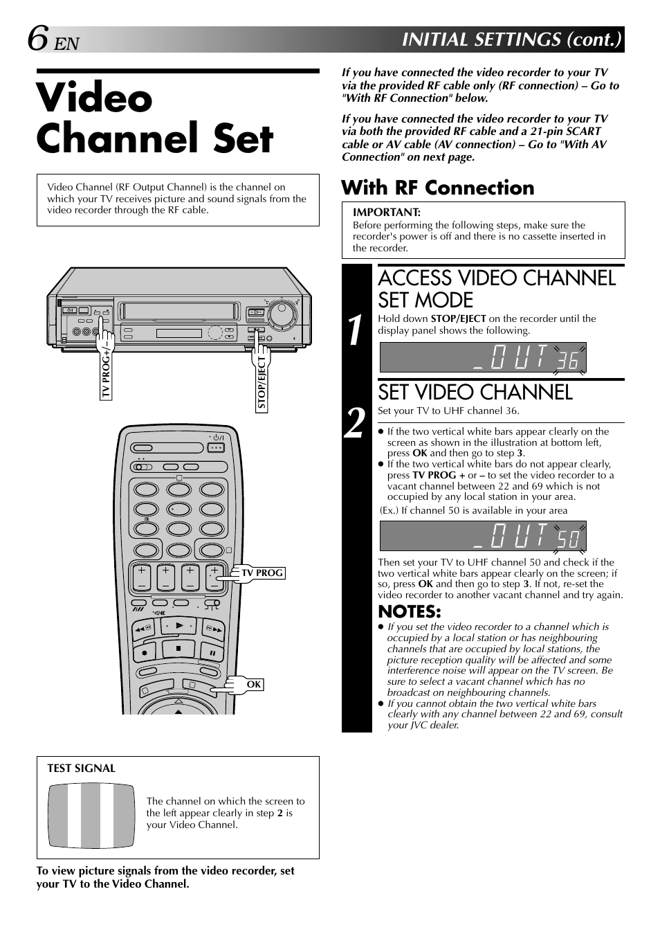 Video channel set, Access video channel set mode, Set video channel | Initial settings (cont.), With rf connection | JVC HR-DD949EE User Manual | Page 6 / 52