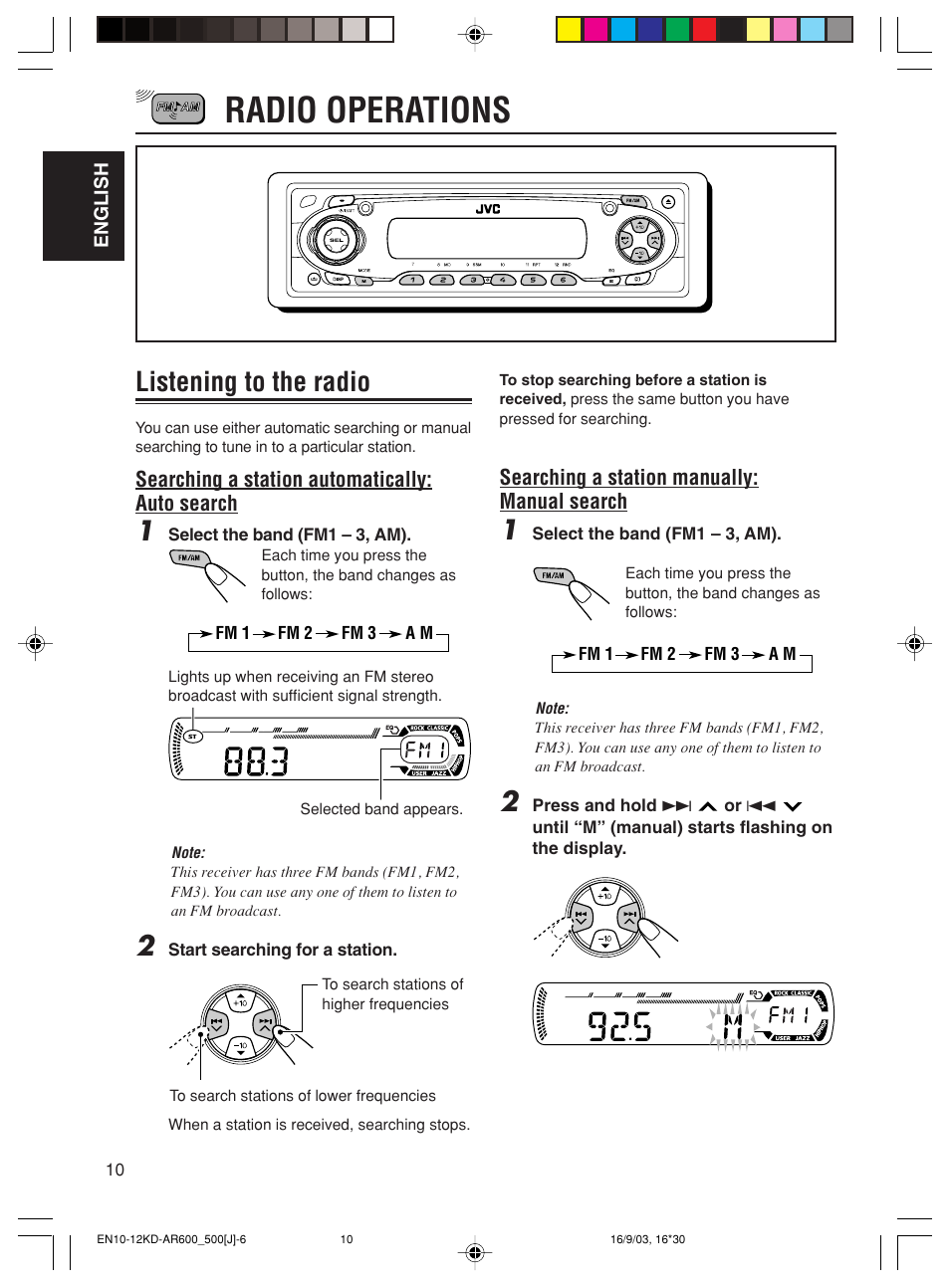 Radio operations, Listening to the radio | JVC KD-AR600 User Manual | Page 10 / 47