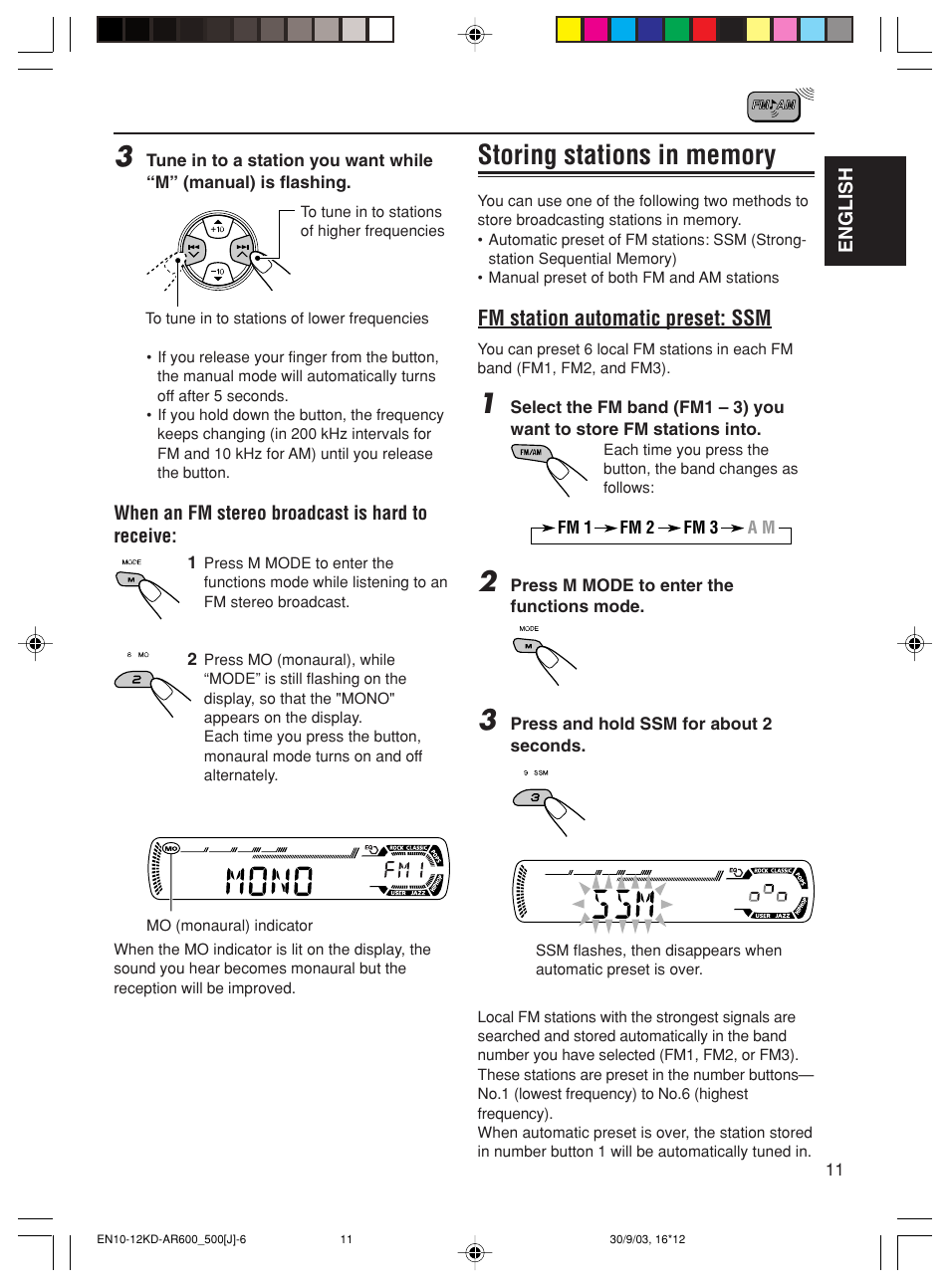 Fm station automatic preset: ssm | JVC KD-AR600 User Manual | Page 11 / 47