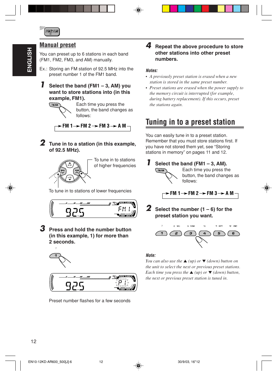 Tuning in to a preset station, Manual preset | JVC KD-AR600 User Manual | Page 12 / 47