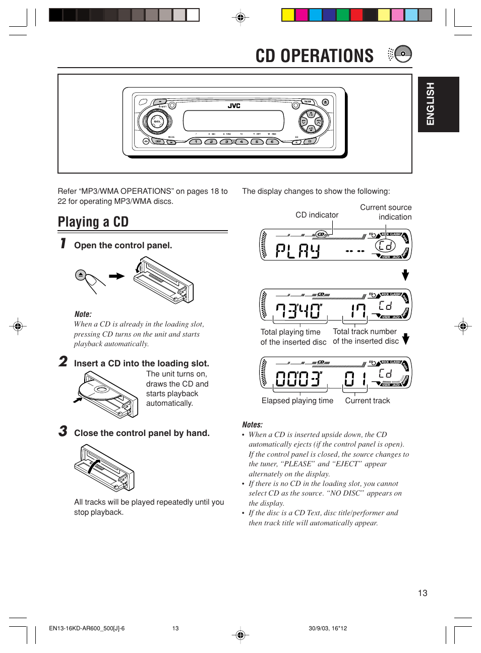 Cd operations, Playing a cd 1 | JVC KD-AR600 User Manual | Page 13 / 47