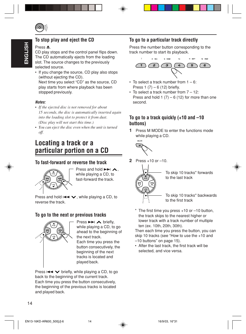 Locating a track or a particular portion on a cd, English to stop play and eject the cd | JVC KD-AR600 User Manual | Page 14 / 47