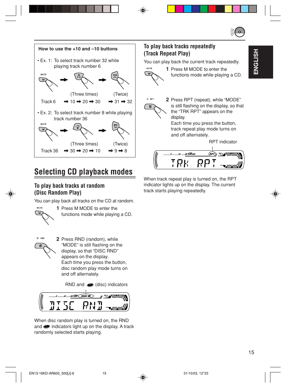 Selecting cd playback modes | JVC KD-AR600 User Manual | Page 15 / 47