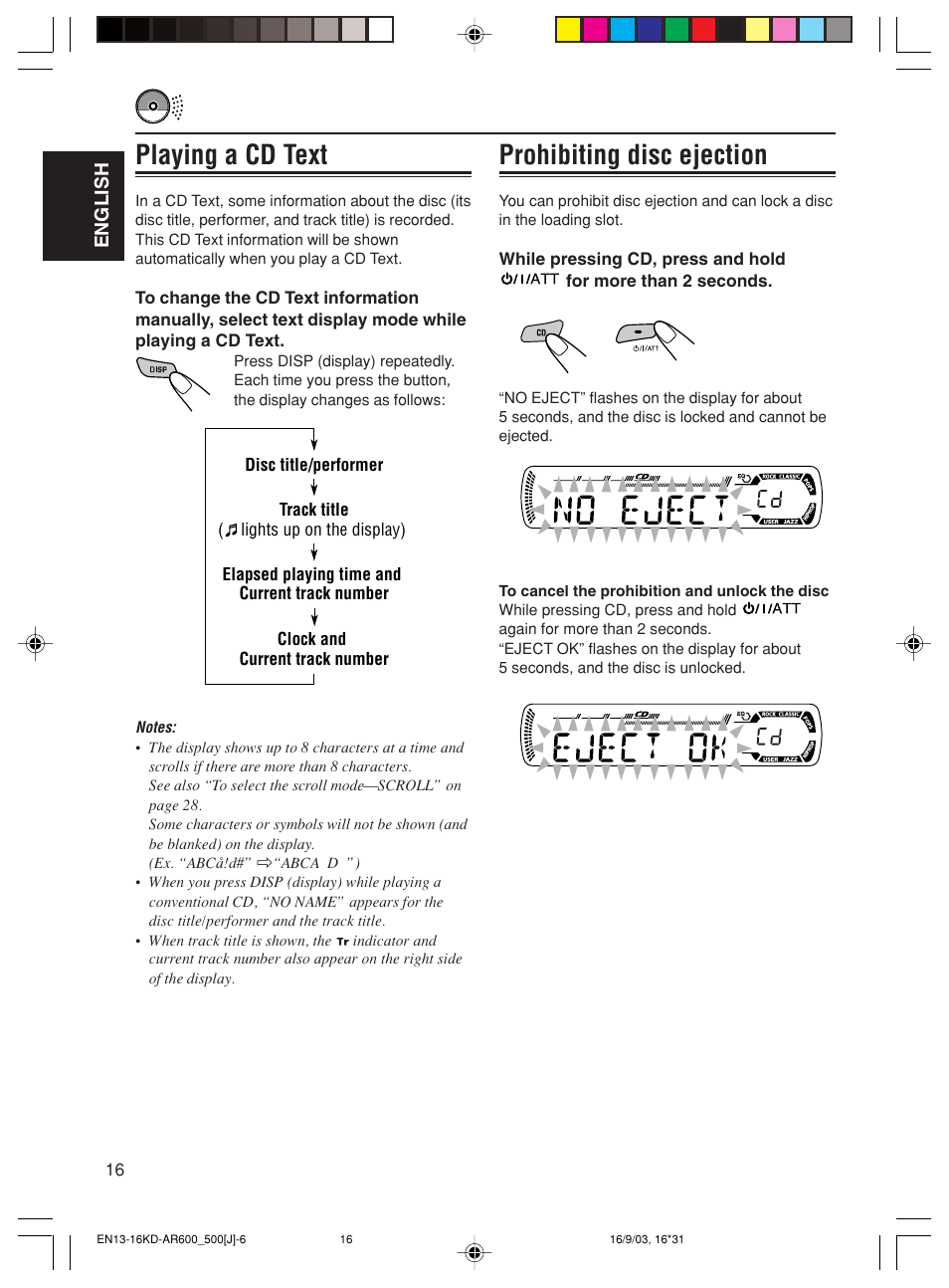 Prohibiting disc ejection, Playing a cd text | JVC KD-AR600 User Manual | Page 16 / 47