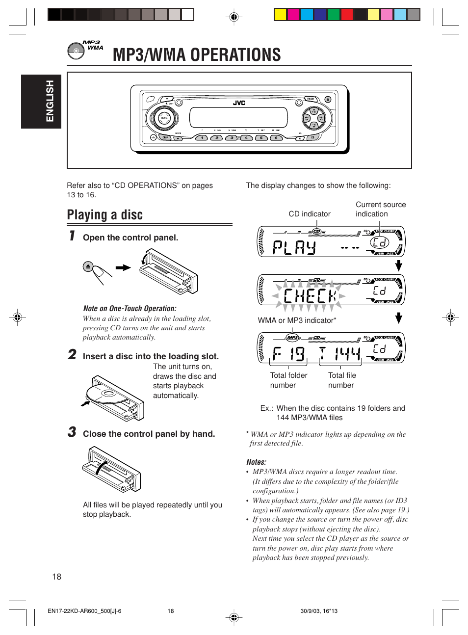 Mp3/wma operations, Playing a disc 1 | JVC KD-AR600 User Manual | Page 18 / 47