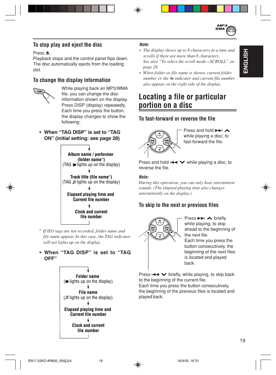 Locating a file or particular portion on a disc, English to stop play and eject the disc | JVC KD-AR600 User Manual | Page 19 / 47