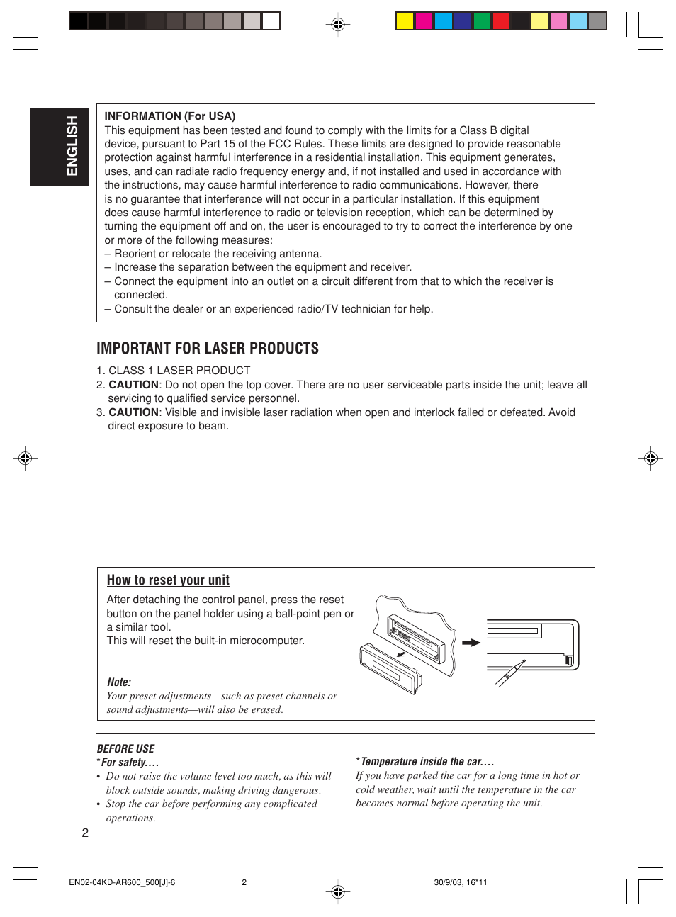 Important for laser products, English, How to reset your unit | JVC KD-AR600 User Manual | Page 2 / 47