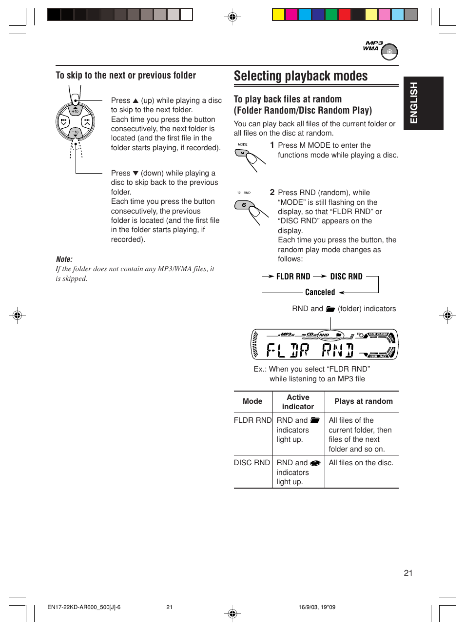 Selecting playback modes | JVC KD-AR600 User Manual | Page 21 / 47