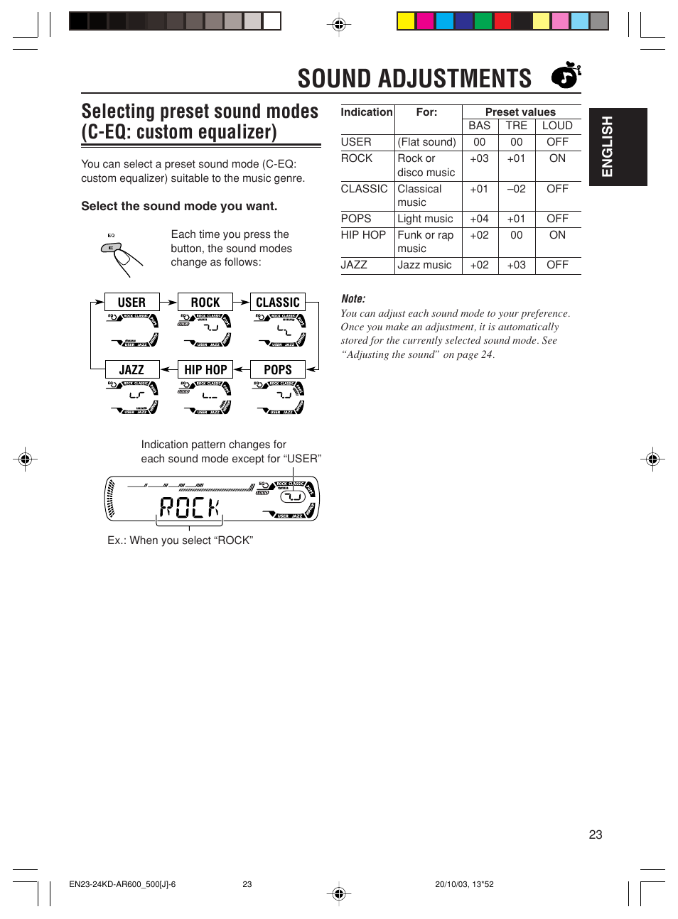 Sound adjustments | JVC KD-AR600 User Manual | Page 23 / 47