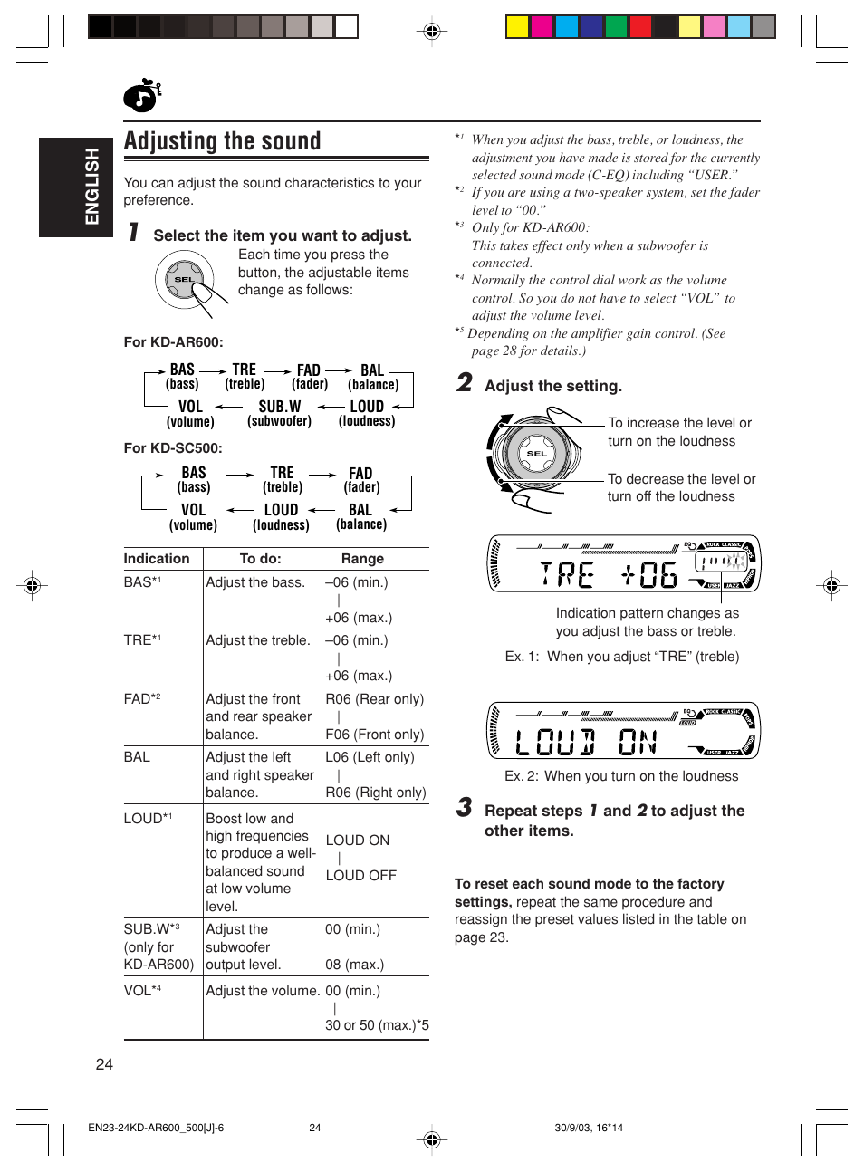 Adjusting the sound, English | JVC KD-AR600 User Manual | Page 24 / 47