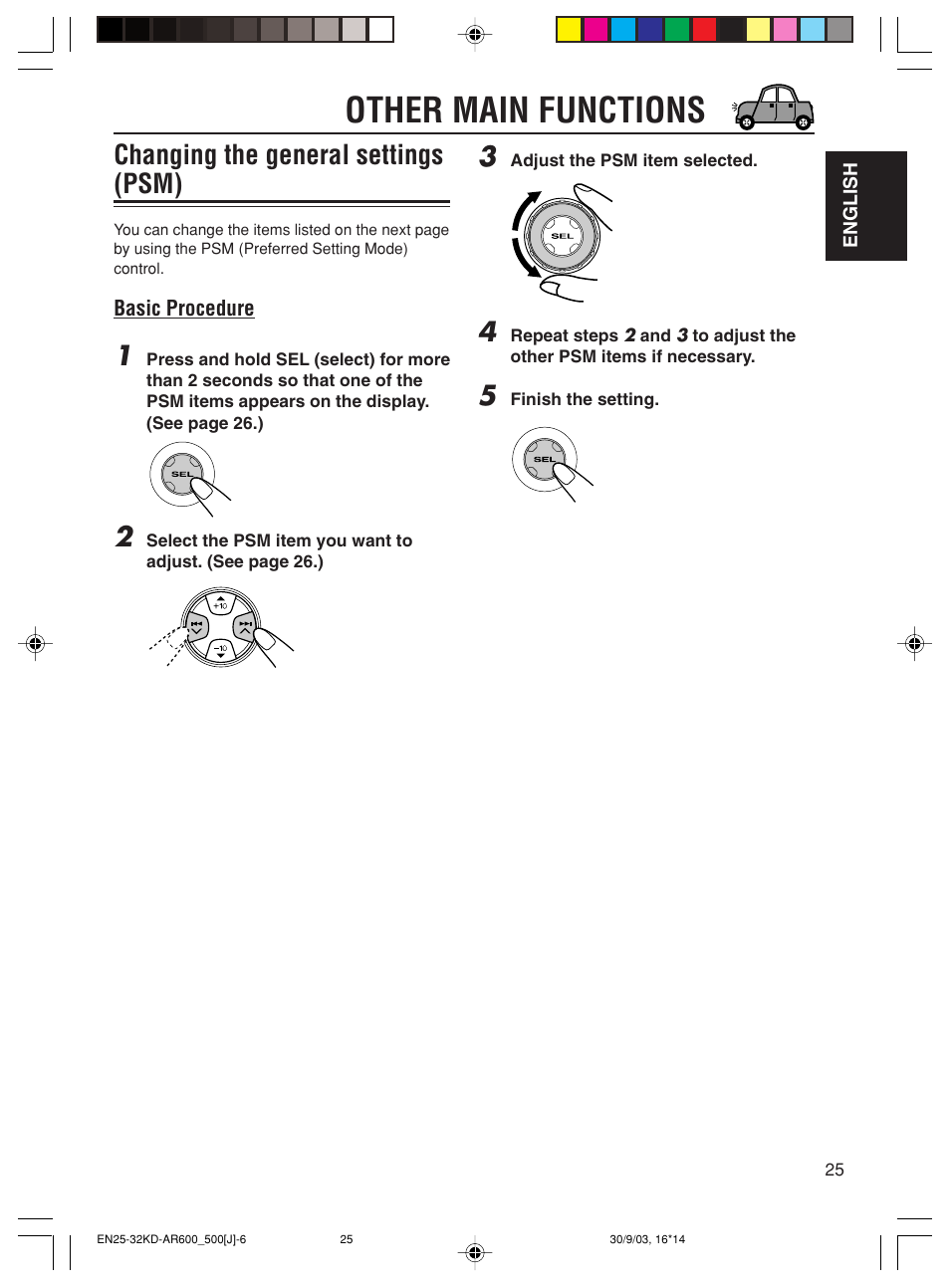 Other main functions, Changing the general settings (psm) | JVC KD-AR600 User Manual | Page 25 / 47