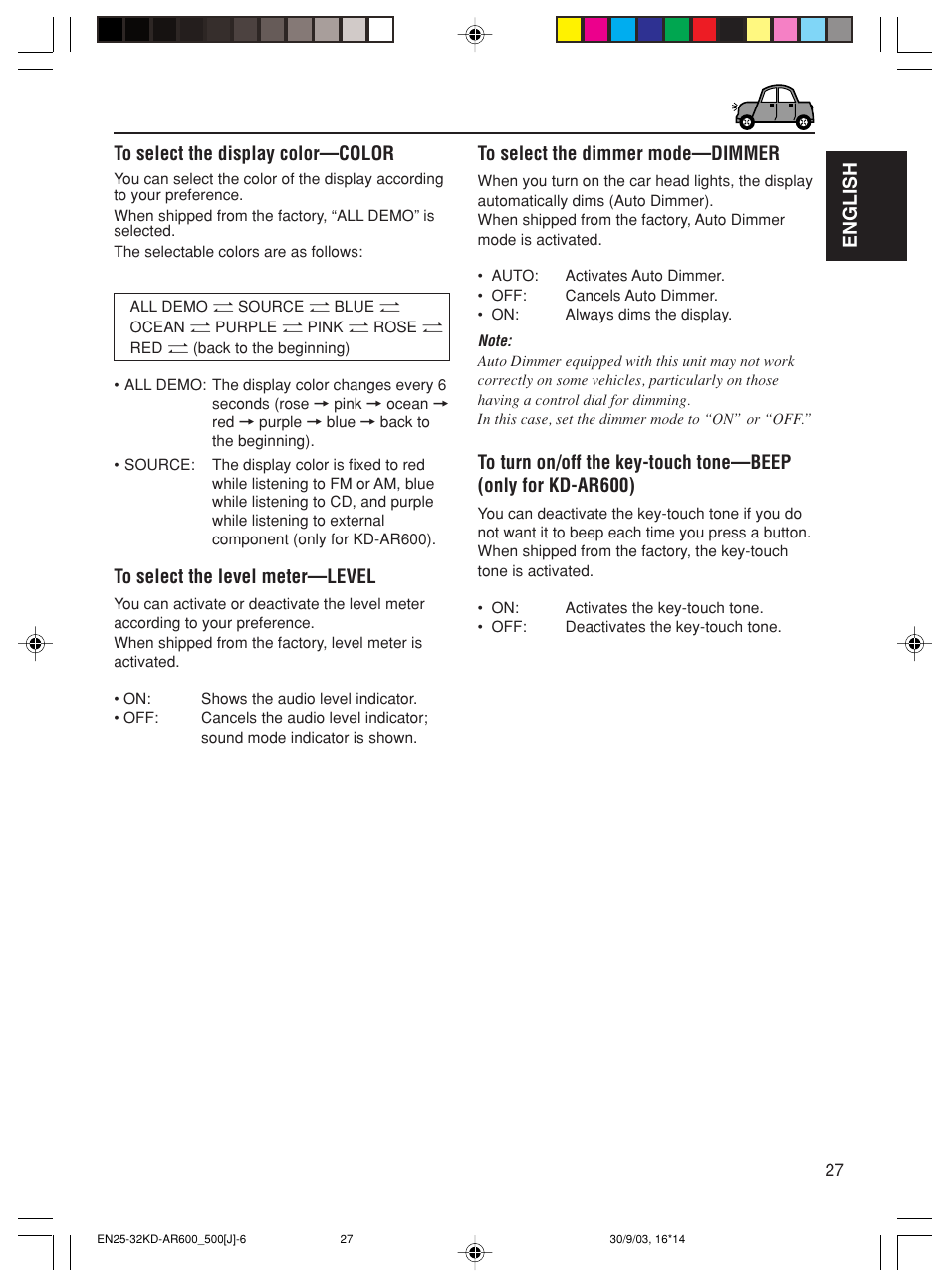 English to select the display color—color | JVC KD-AR600 User Manual | Page 27 / 47