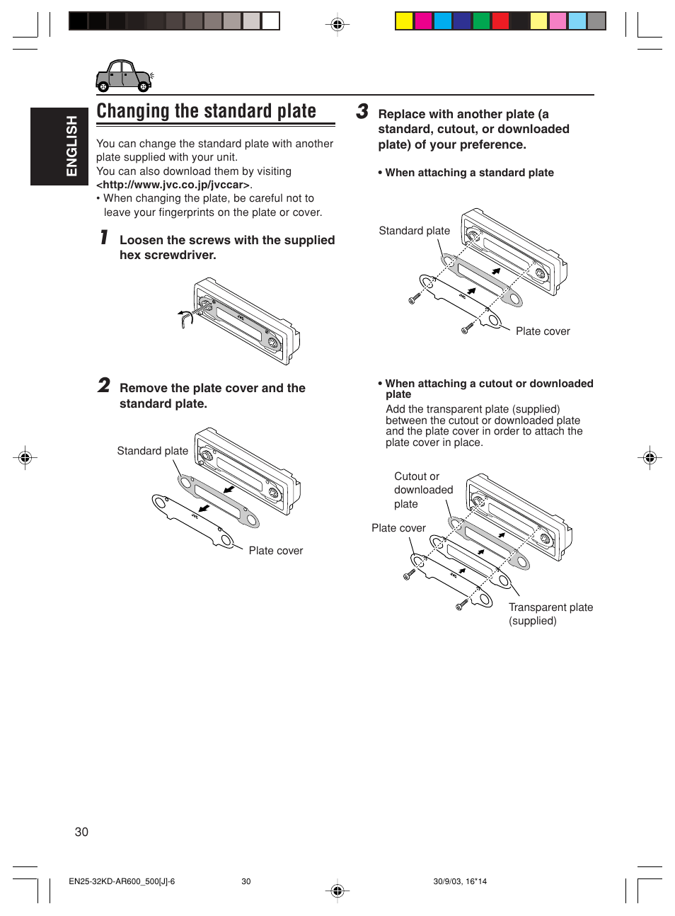 Changing the standard plate | JVC KD-AR600 User Manual | Page 30 / 47