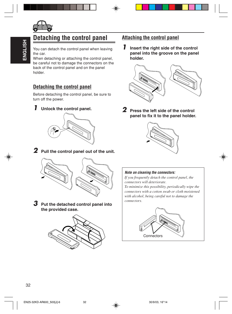 Detaching the control panel | JVC KD-AR600 User Manual | Page 32 / 47