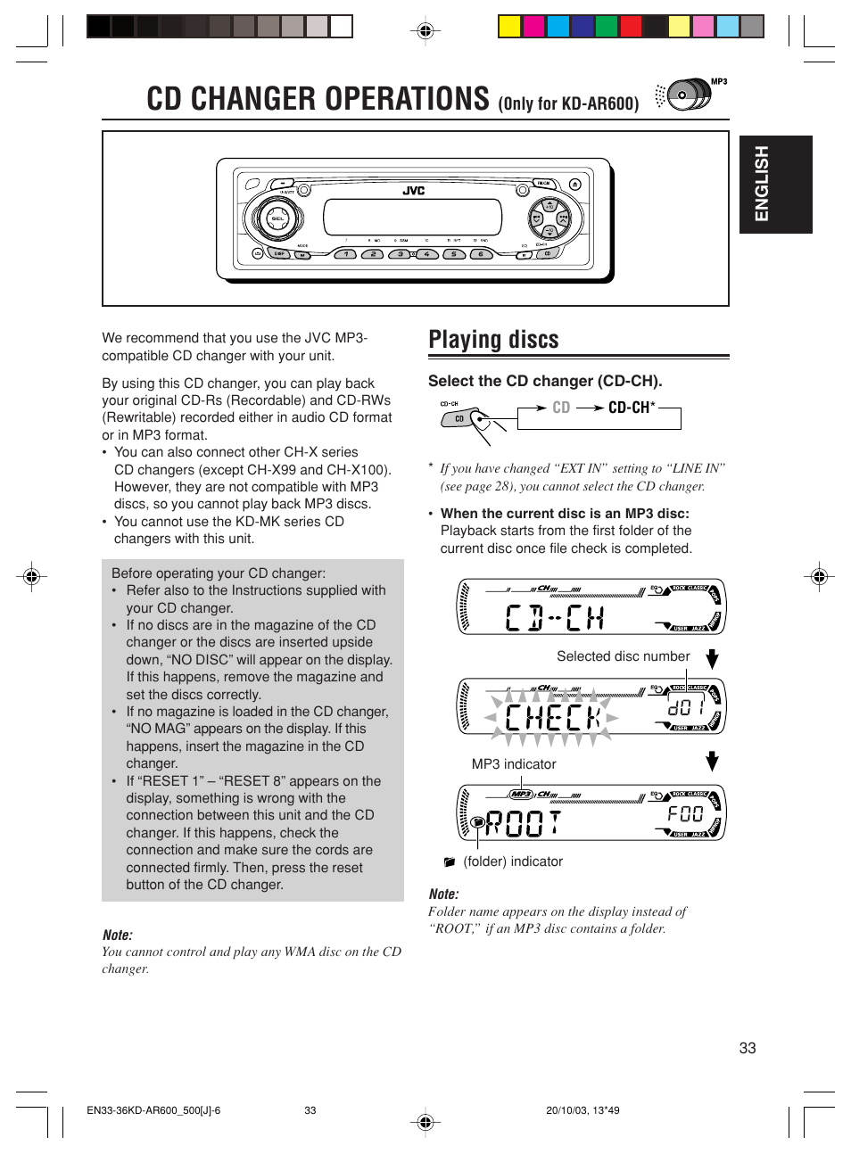 Cd changer operations, Playing discs | JVC KD-AR600 User Manual | Page 33 / 47