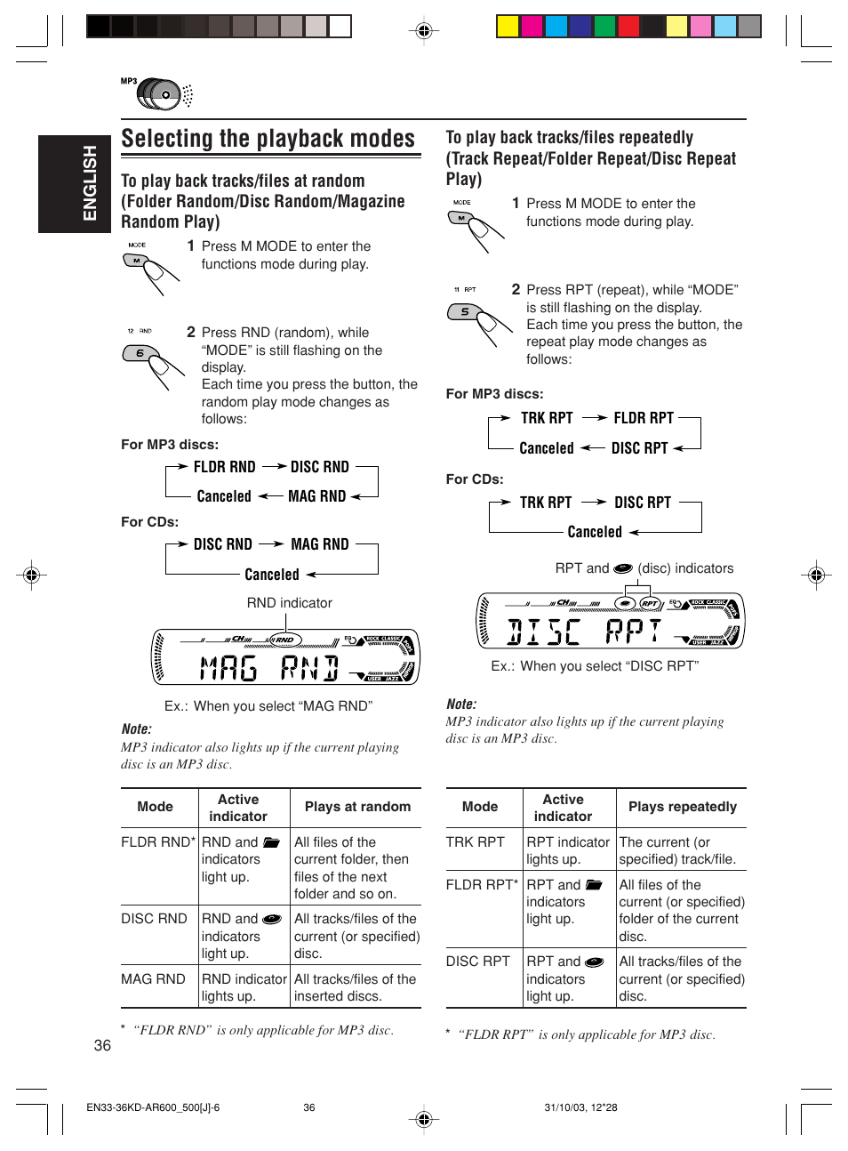 Selecting the playback modes | JVC KD-AR600 User Manual | Page 36 / 47