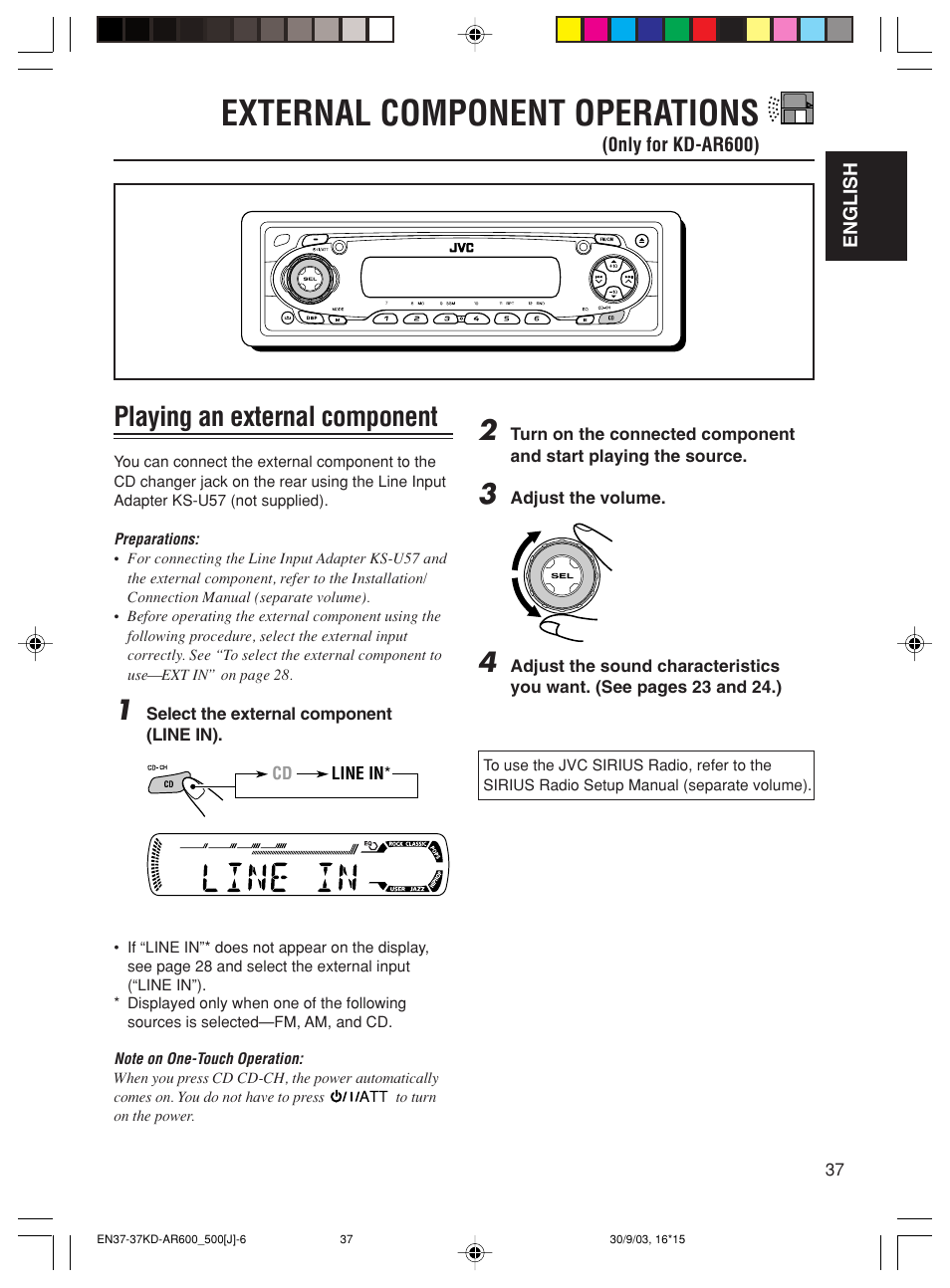 External component operations, Playing an external component | JVC KD-AR600 User Manual | Page 37 / 47
