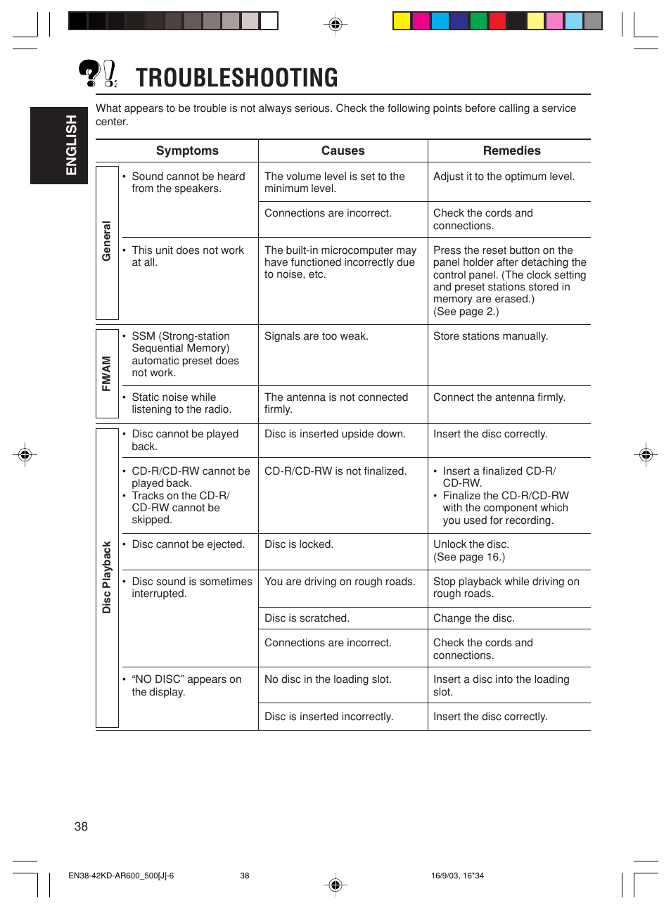 Troubleshooting, English | JVC KD-AR600 User Manual | Page 38 / 47