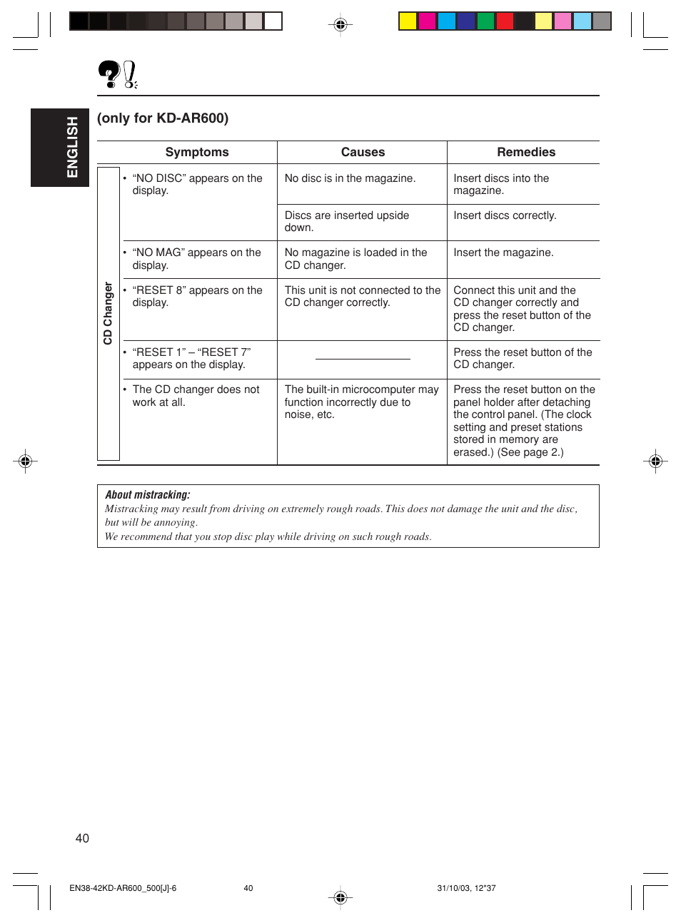 English, Only for kd-ar600) | JVC KD-AR600 User Manual | Page 40 / 47