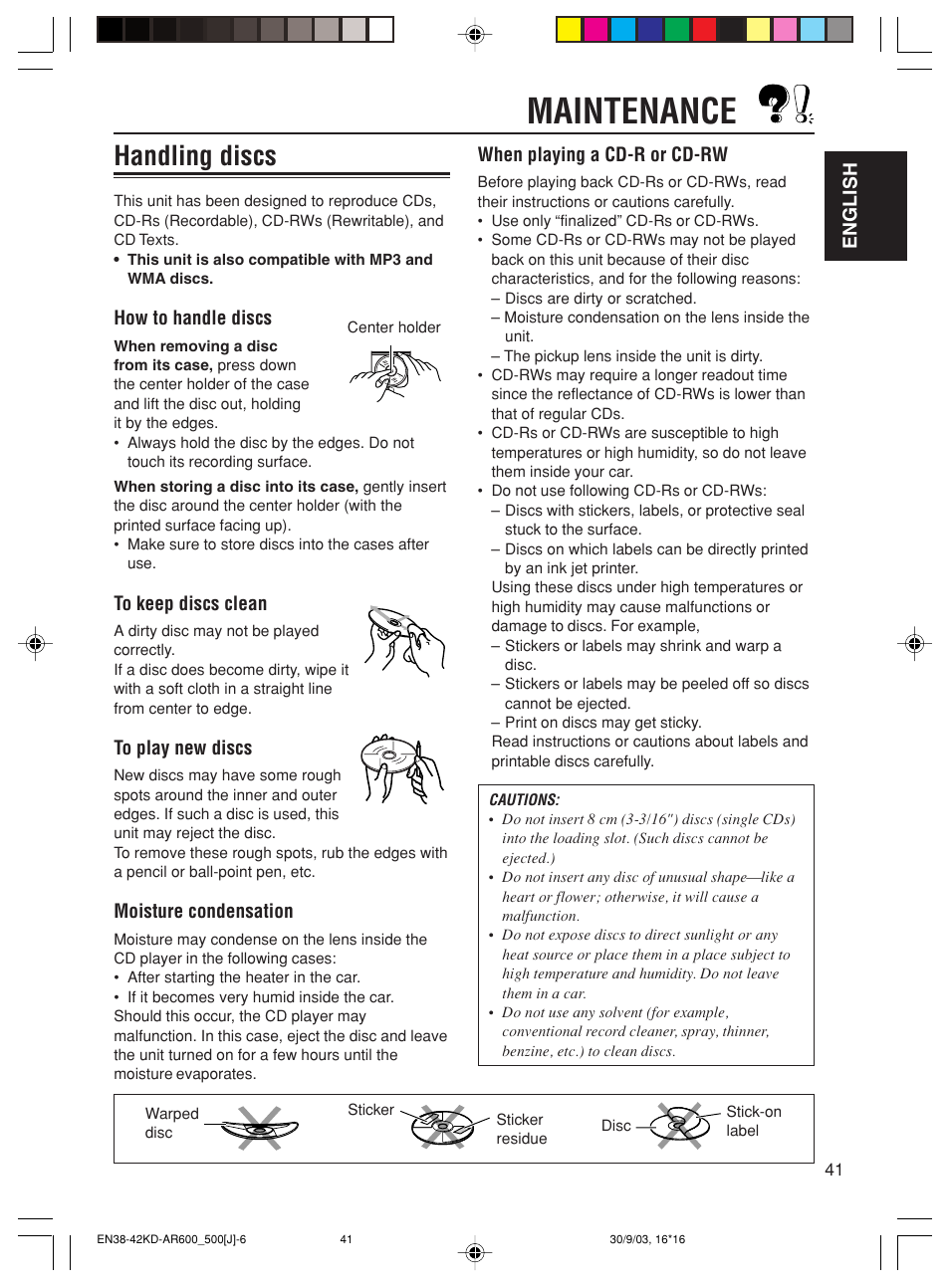Maintenance, Handling discs | JVC KD-AR600 User Manual | Page 41 / 47