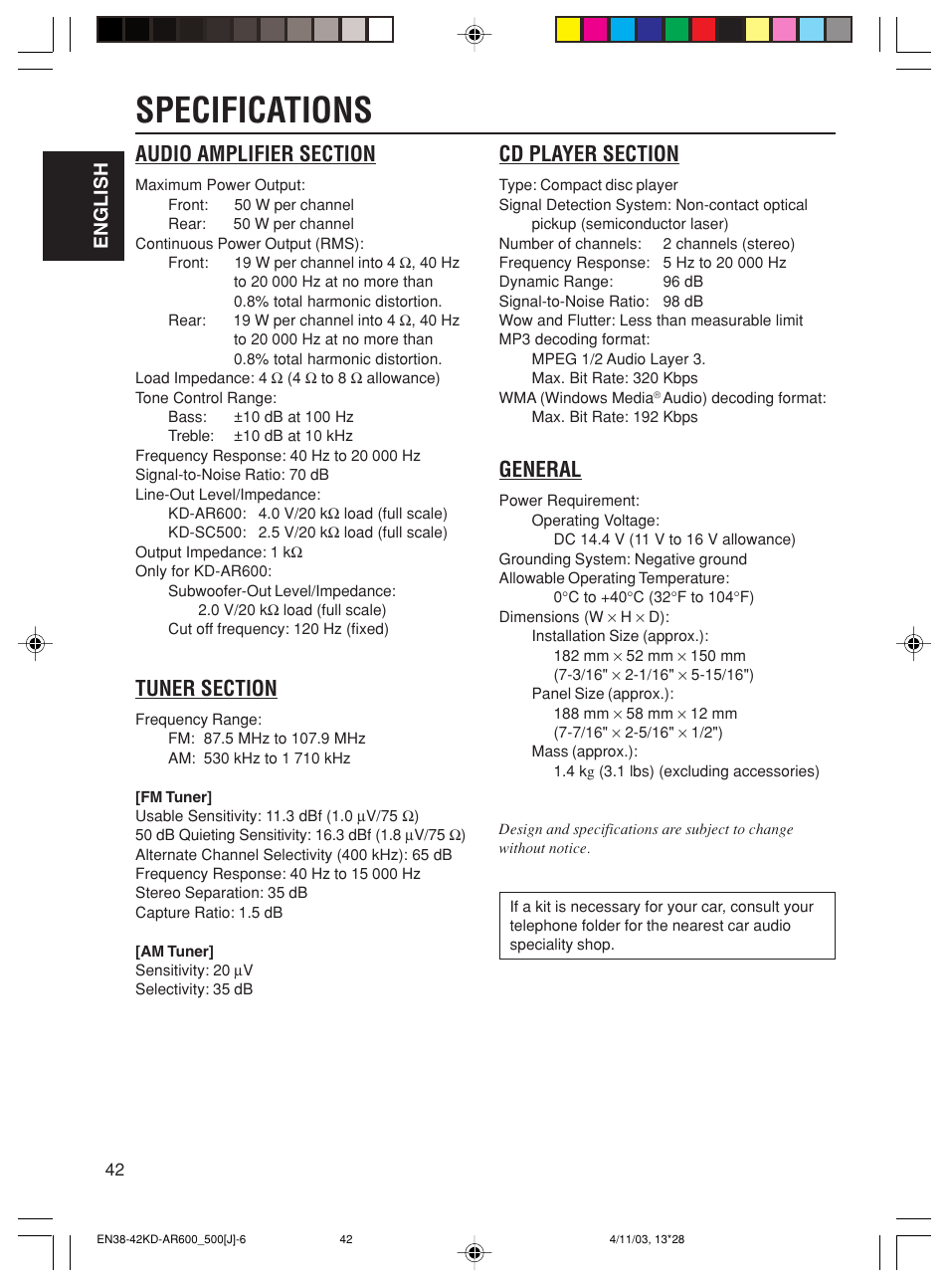 Specifications, General, English | JVC KD-AR600 User Manual | Page 42 / 47
