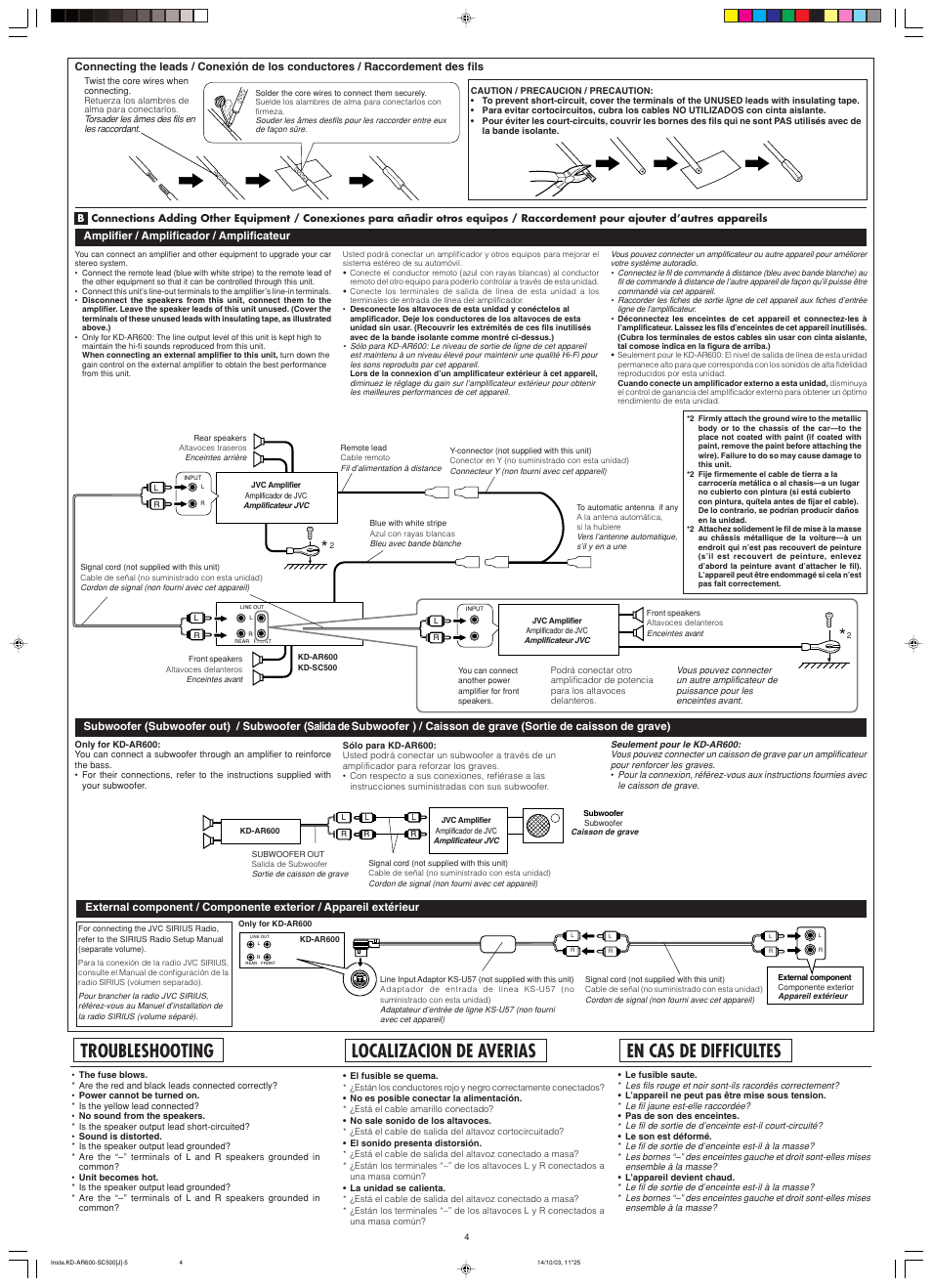 Troubleshooting, Localizacion de averias, En cas de difficultes | Amplifier / amplificador / amplificateur | JVC KD-AR600 User Manual | Page 47 / 47