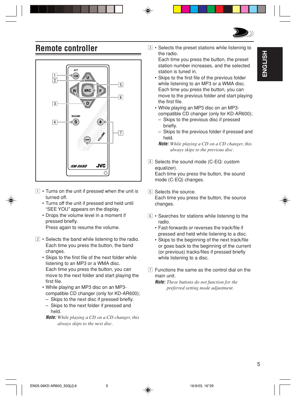 Remote controller, English | JVC KD-AR600 User Manual | Page 5 / 47