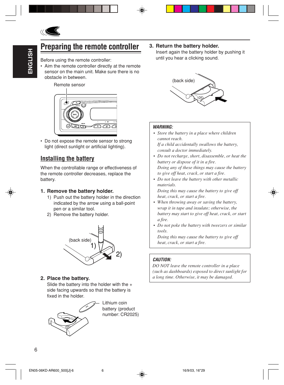 Preparing the remote controller, Installing the battery | JVC KD-AR600 User Manual | Page 6 / 47