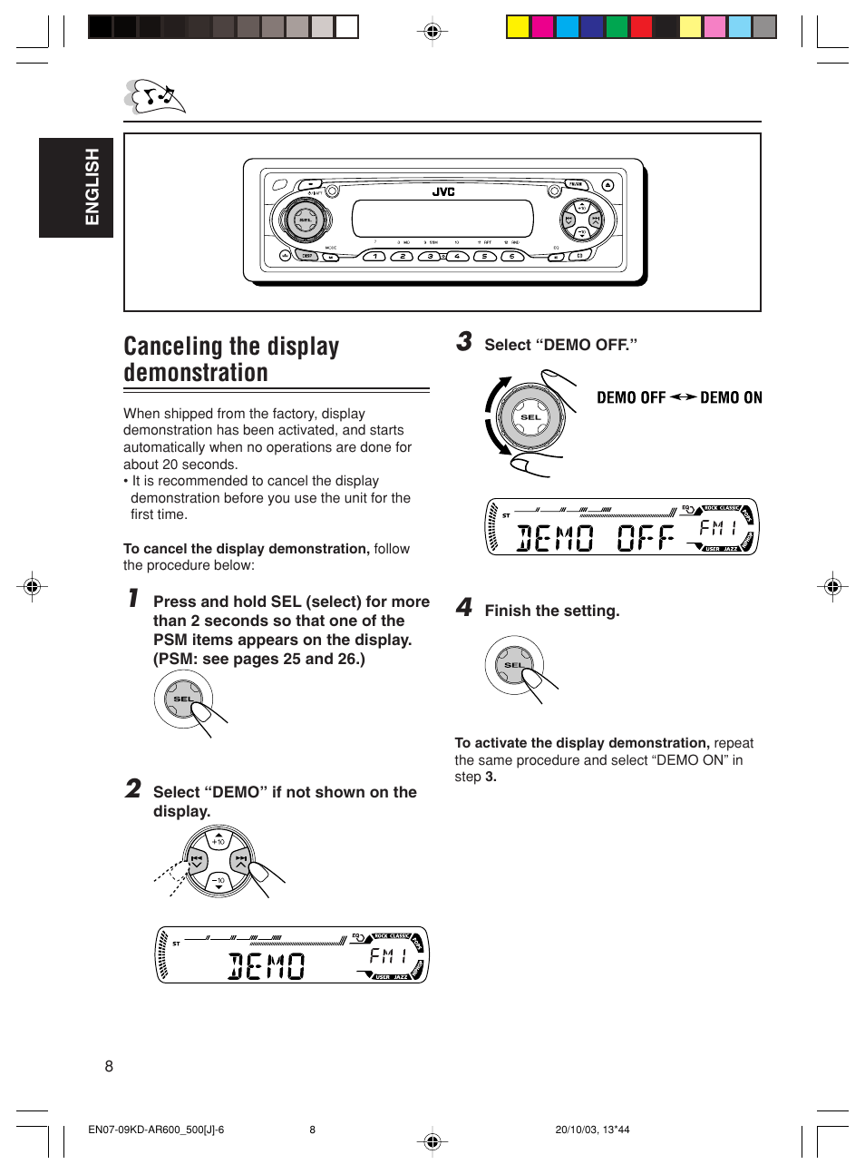 Canceling the display demonstration | JVC KD-AR600 User Manual | Page 8 / 47