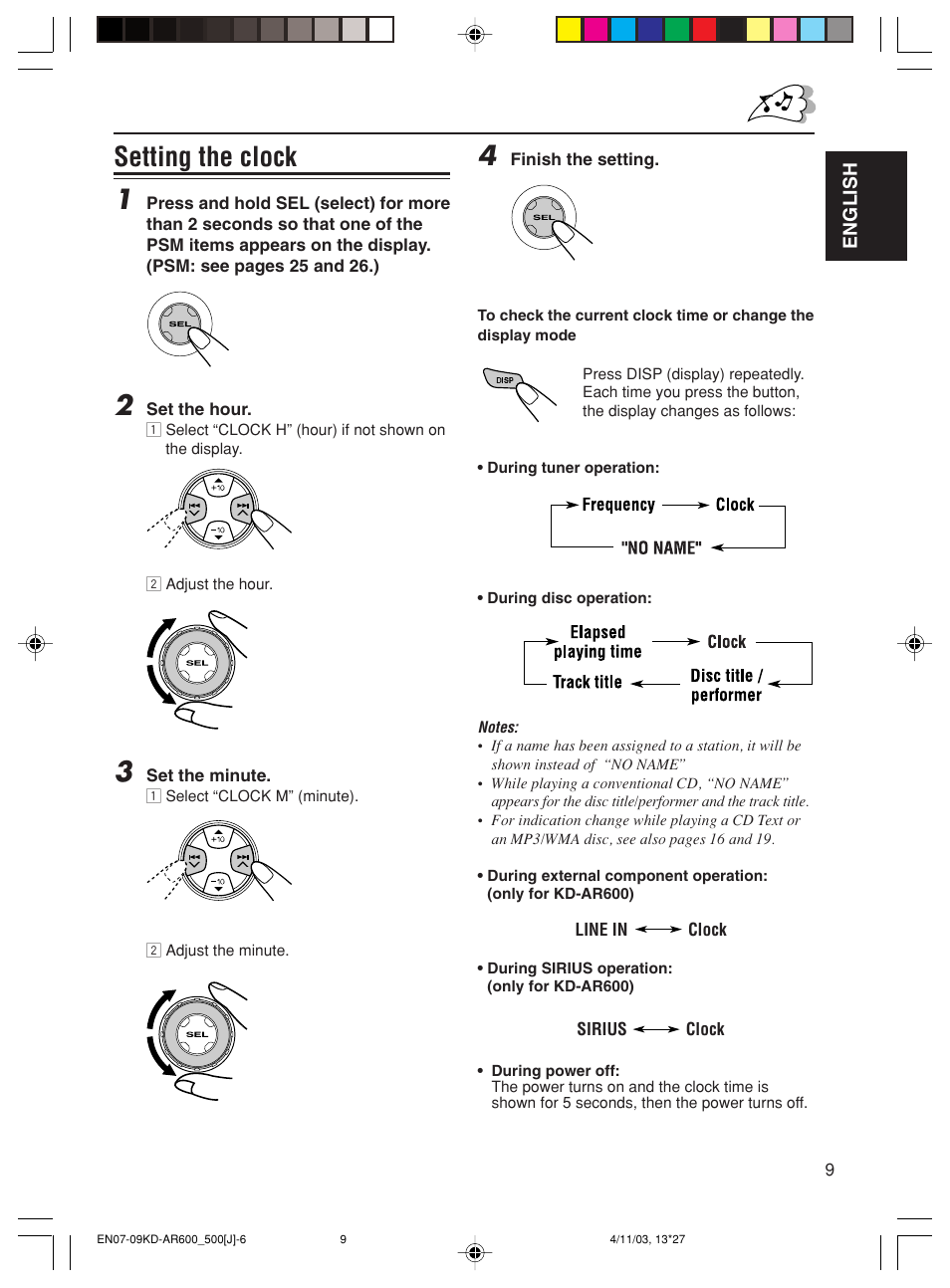 Setting the clock 1 | JVC KD-AR600 User Manual | Page 9 / 47