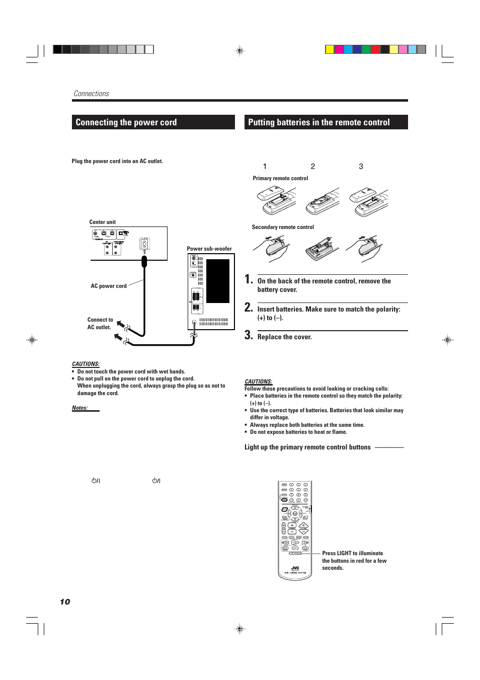Connecting the power cord, Putting batteries in the remote control | JVC TH-A10R User Manual | Page 14 / 68