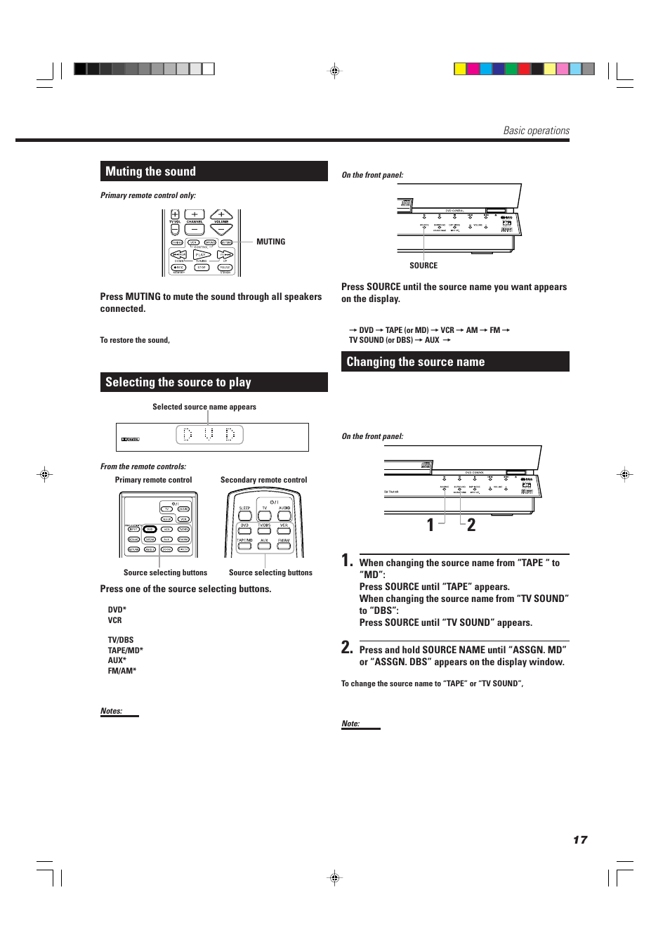 Muting the sound, Selecting the source to play, Changing the source name | JVC TH-A10R User Manual | Page 21 / 68