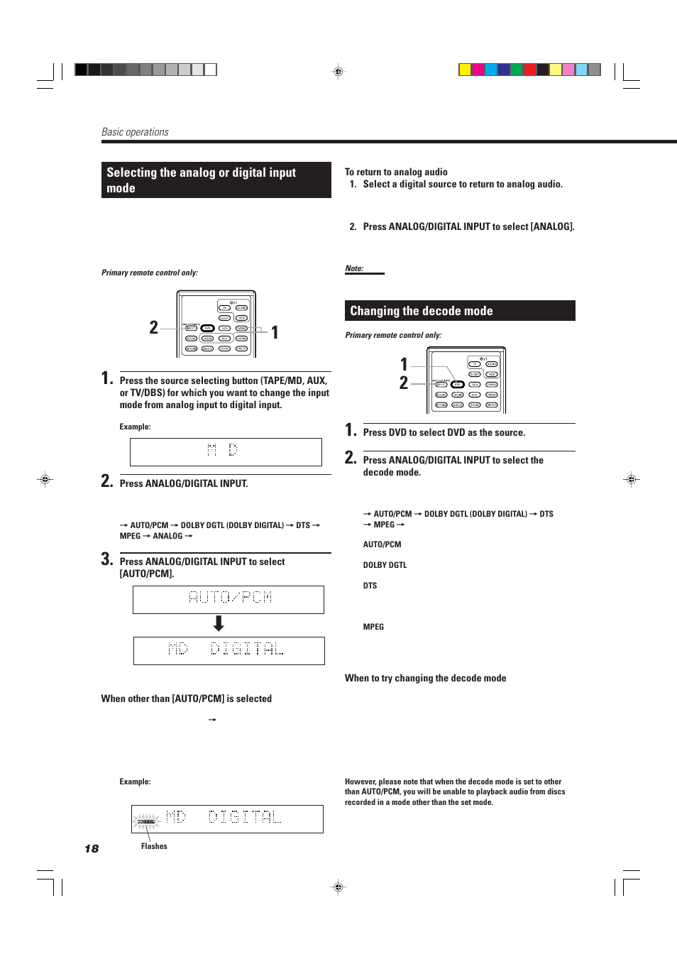 Selecting the analog or digital input mode, Changing the decode mode | JVC TH-A10R User Manual | Page 22 / 68