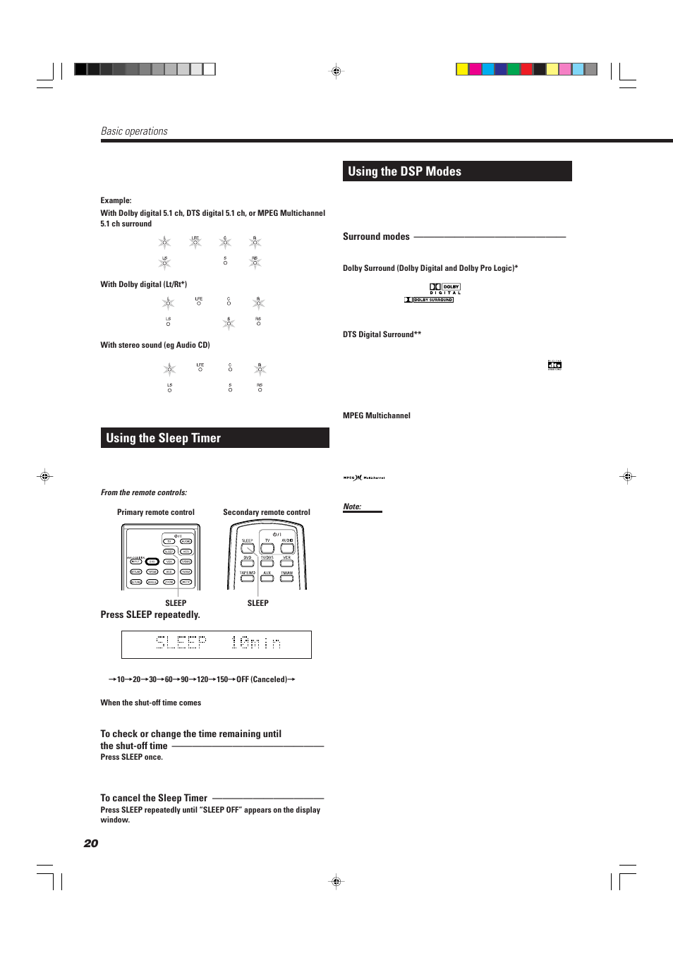 Using the sleep timer, Using the dsp modes, Basic operations | JVC TH-A10R User Manual | Page 24 / 68