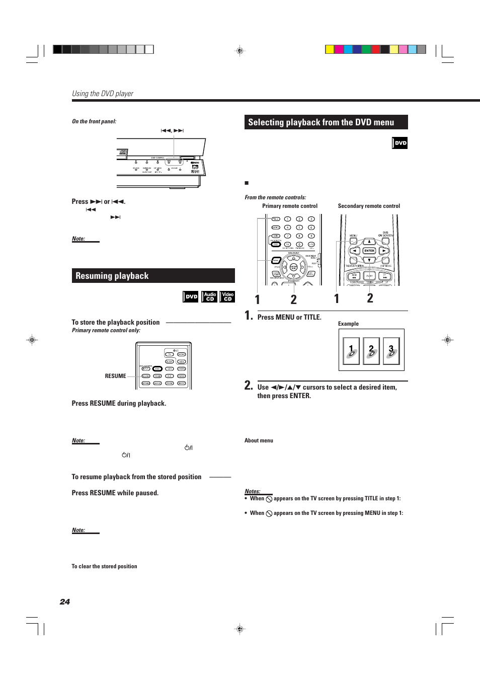 Resuming playback, Selecting playback from the dvd menu | JVC TH-A10R User Manual | Page 28 / 68