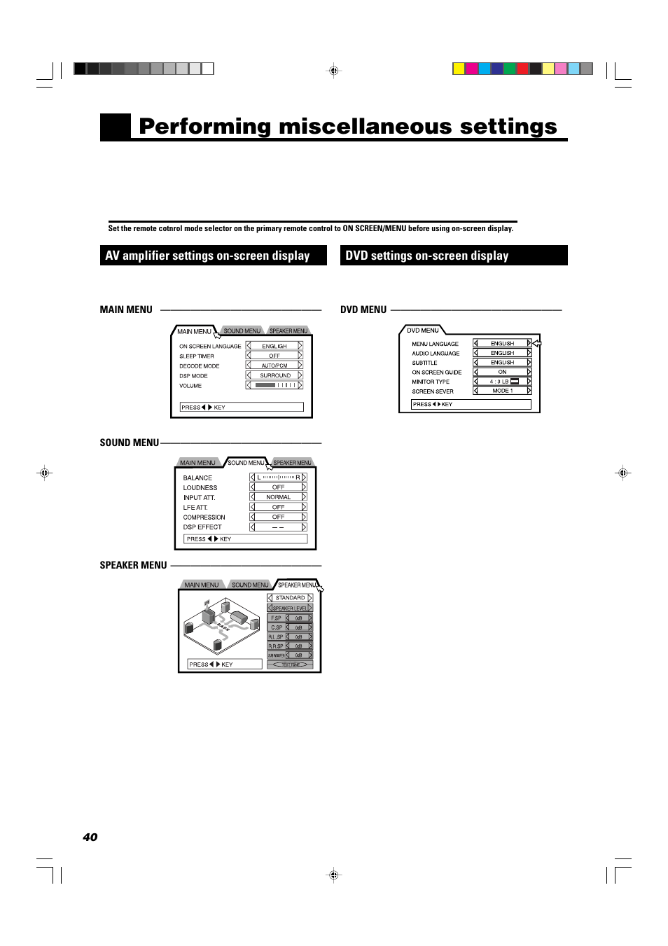 Performing miscellaneous settings, Av amplifier settings on-screen display, Dvd settings on-screen display | JVC TH-A10R User Manual | Page 44 / 68