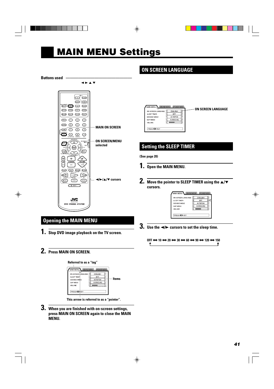 Main menu settings, On screen language, Setting the sleep timer | Opening the main menu | JVC TH-A10R User Manual | Page 45 / 68