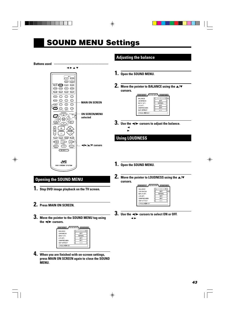 Sound menu settings | JVC TH-A10R User Manual | Page 47 / 68