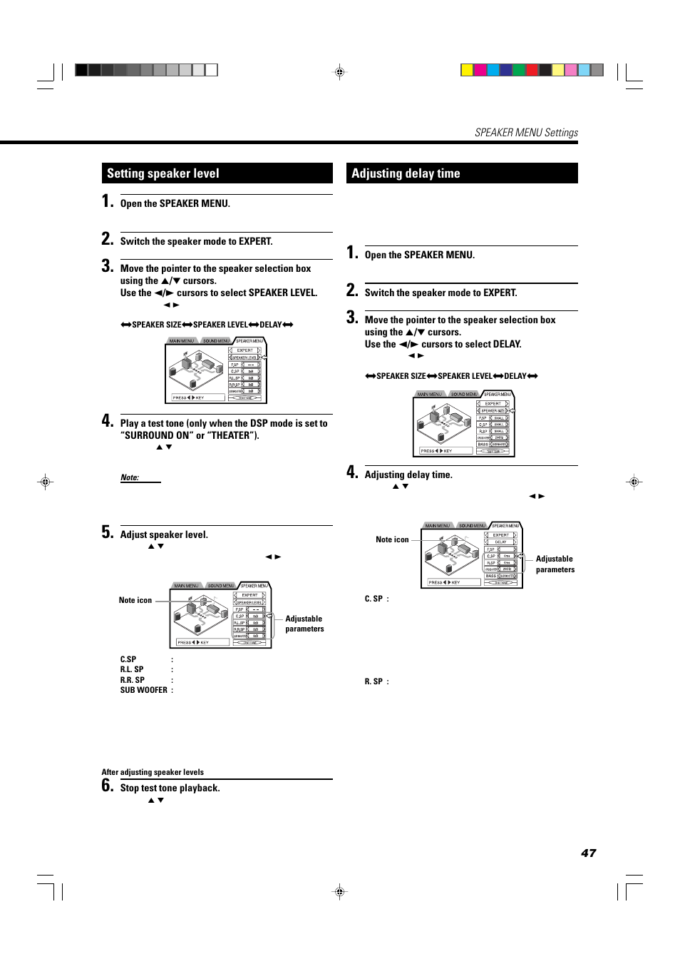 Setting speaker level, Adjusting delay time | JVC TH-A10R User Manual | Page 51 / 68