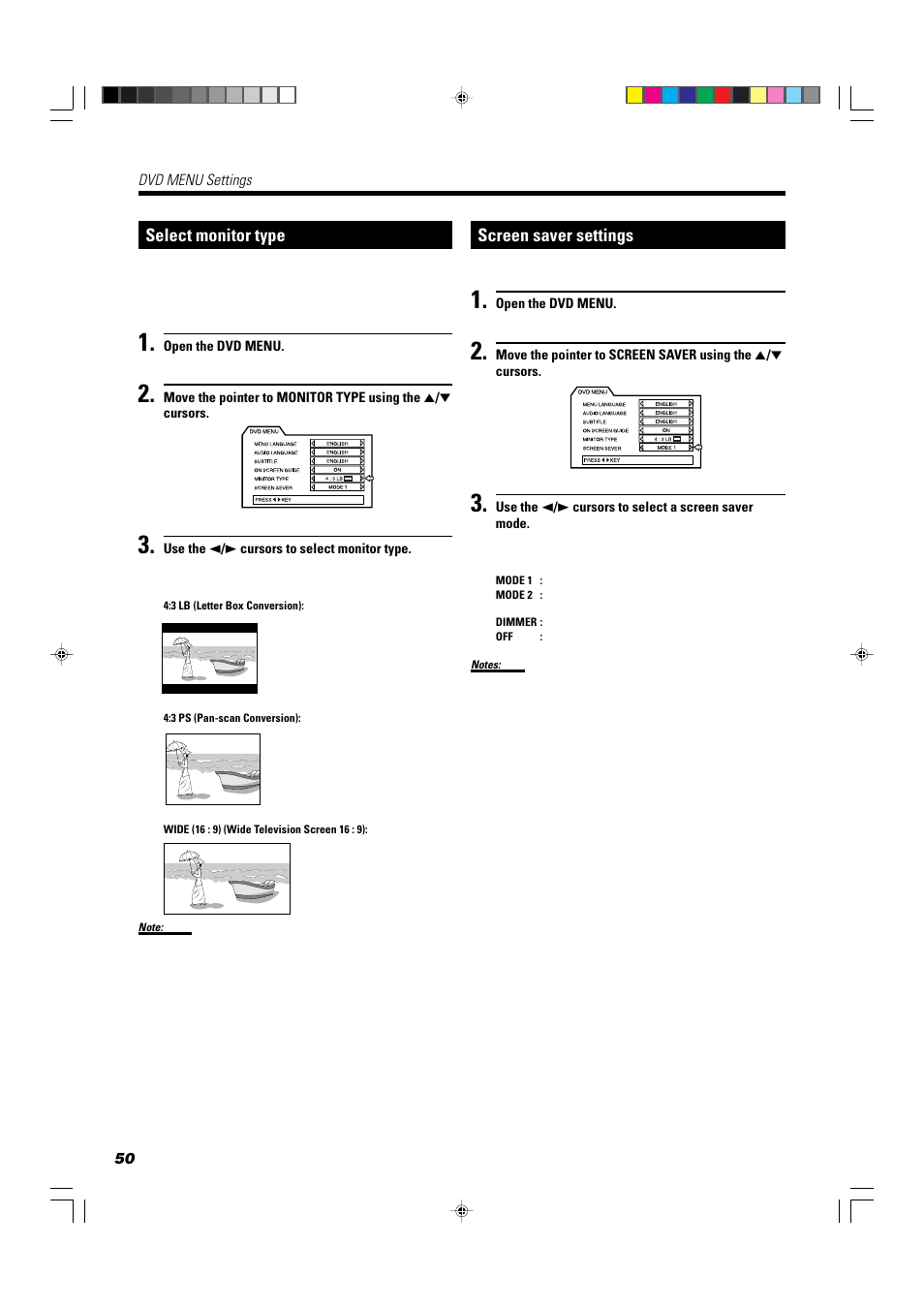 Select monitor type, Screen saver settings | JVC TH-A10R User Manual | Page 54 / 68