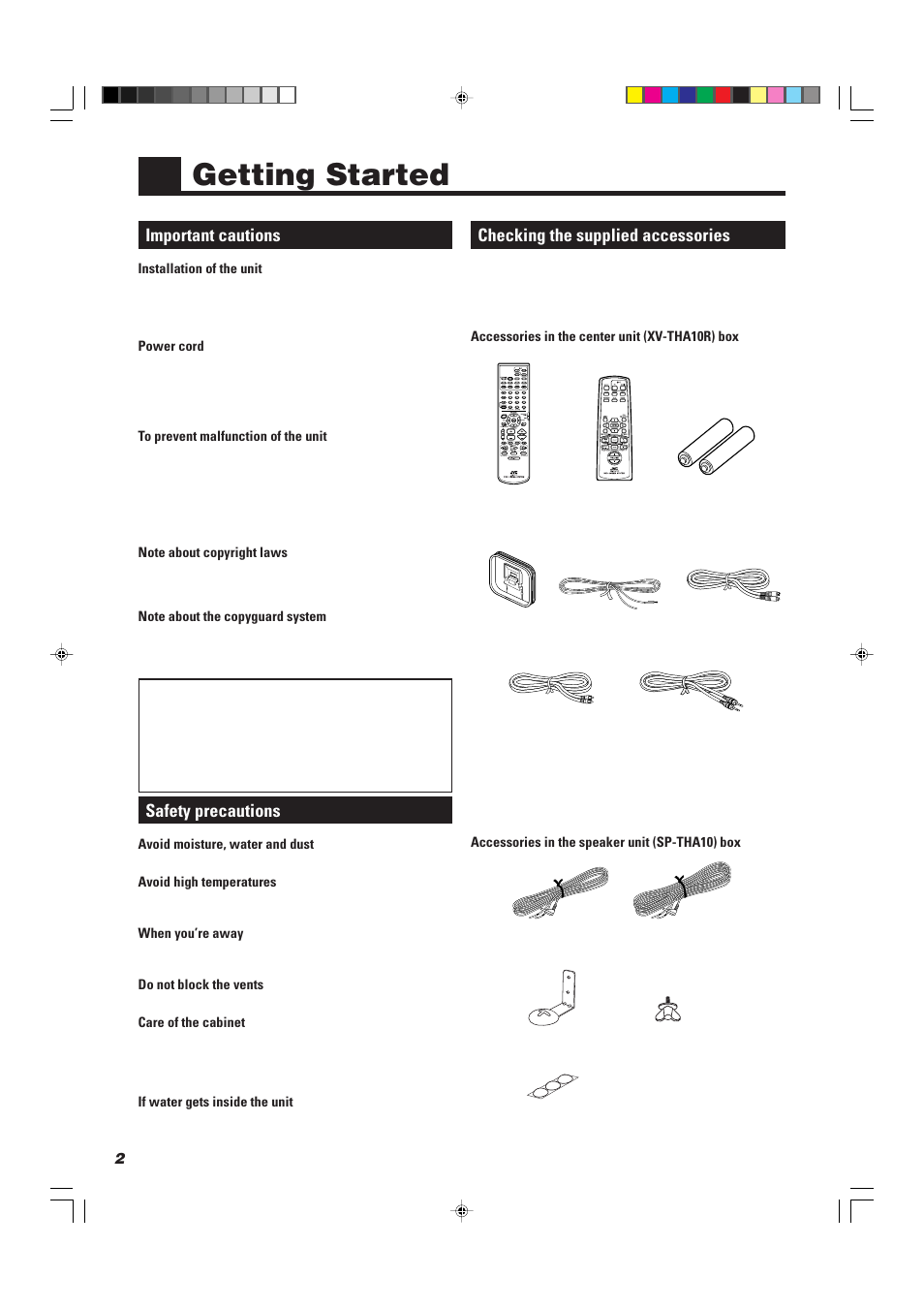 Getting started, Important cautions, Safety precautions | Checking the supplied accessories | JVC TH-A10R User Manual | Page 6 / 68